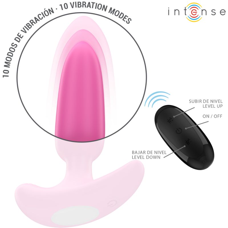 Rosa Anal Plug mit Fernbedienung. 10 Vibrationsmodi. Marke: Intense. Fernbedienung mit Tasten: Subir de nivel, On/Off, Bajar de nivel.
