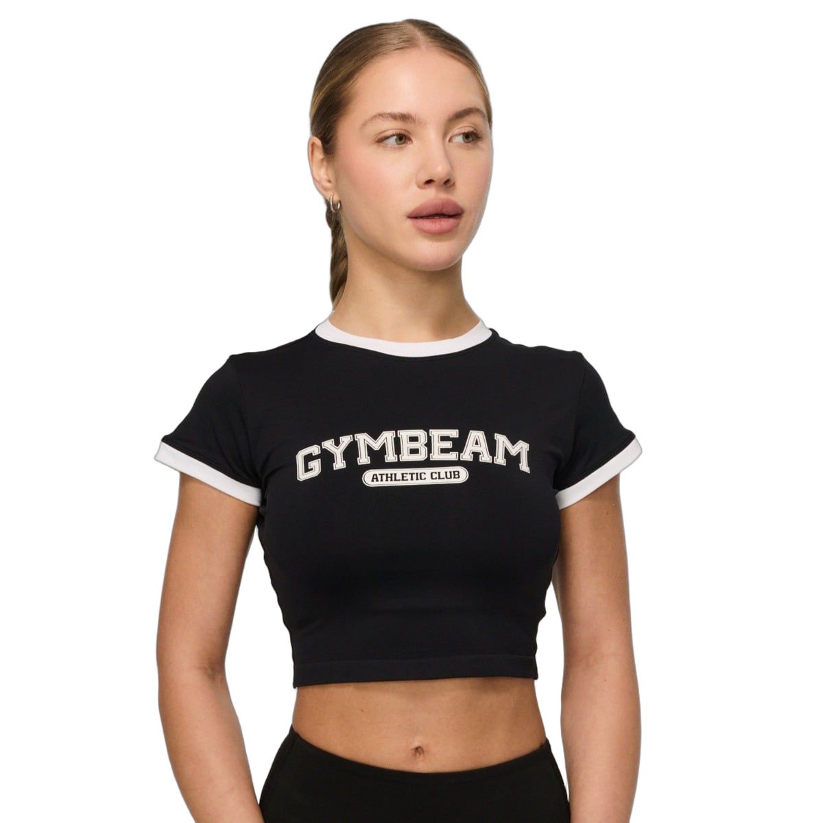 Schwarzes GymBeam Damen T-Shirt mit weißem Kragen und Ärmelbündchen, Logo auf der Brust.
