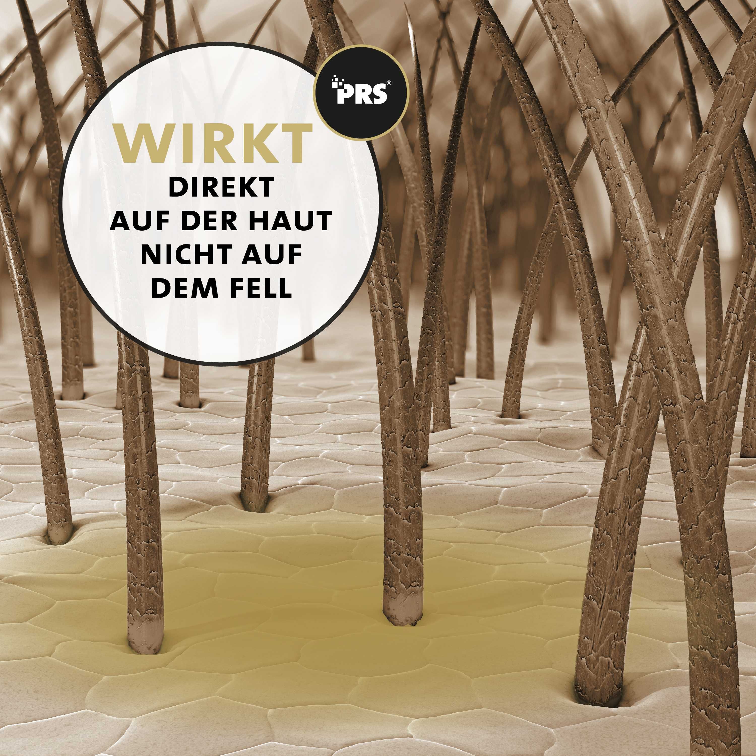 Nahaufnahme von Hundehaaren. Text: Wirkt direkt auf der Haut, nicht auf dem Fell. Gelbe Flüssigkeit auf der Haut.