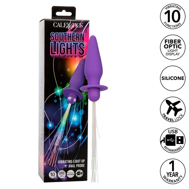 Verpackung mit lila Analstecker. Aufschrift: Southern Lights, 10 Vibrationsfunktionen, Fiber Optic, Silikon, USB, wiederaufladbar.