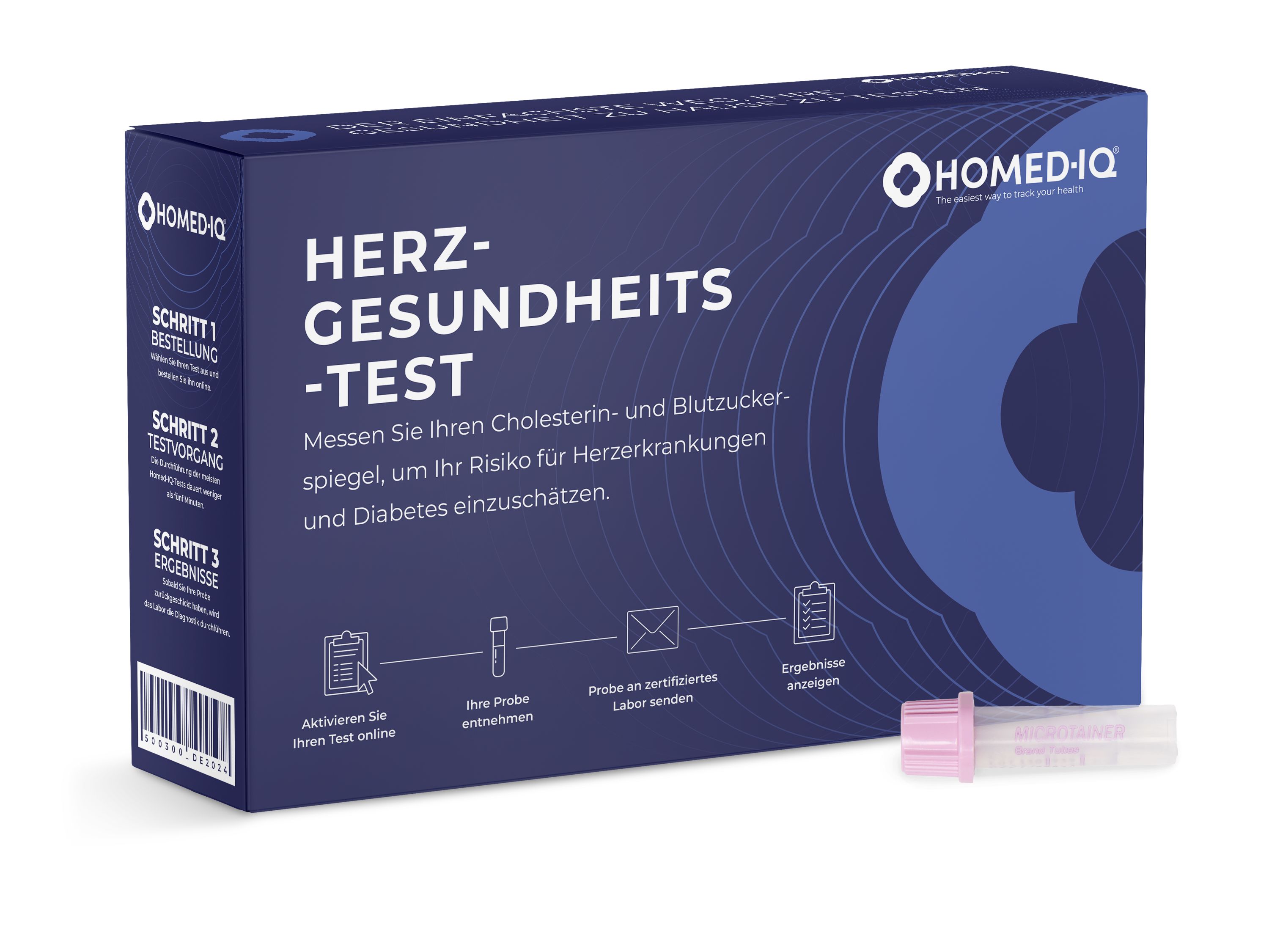 Dunkelblaue Schachtel mit "HERZ-GESUNDHEITS-TEST"-Aufdruck. Enthält Teströhrchen. Marke: HOMED-IQ.