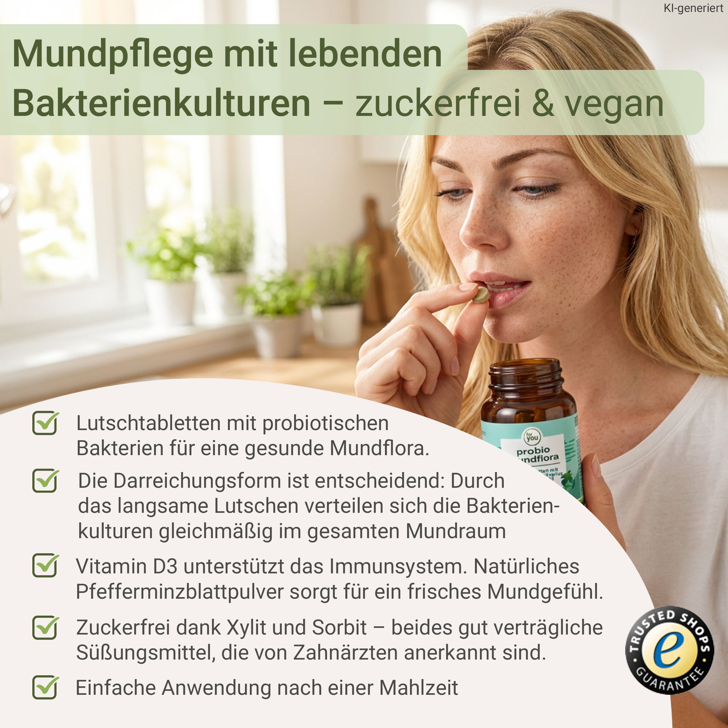 Frau nimmt eine Probio Mundflora Lutschtablette. Mit lebenden Bakterienkulturen, zuckerfrei & vegan.