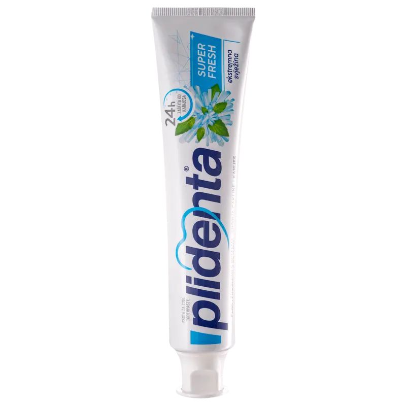 Zahncreme-Tube, weiß mit blauem Akzent. Aufschrift: Plidenta, Super Fresh, 24h Schutz. Abbildung einer Blume.