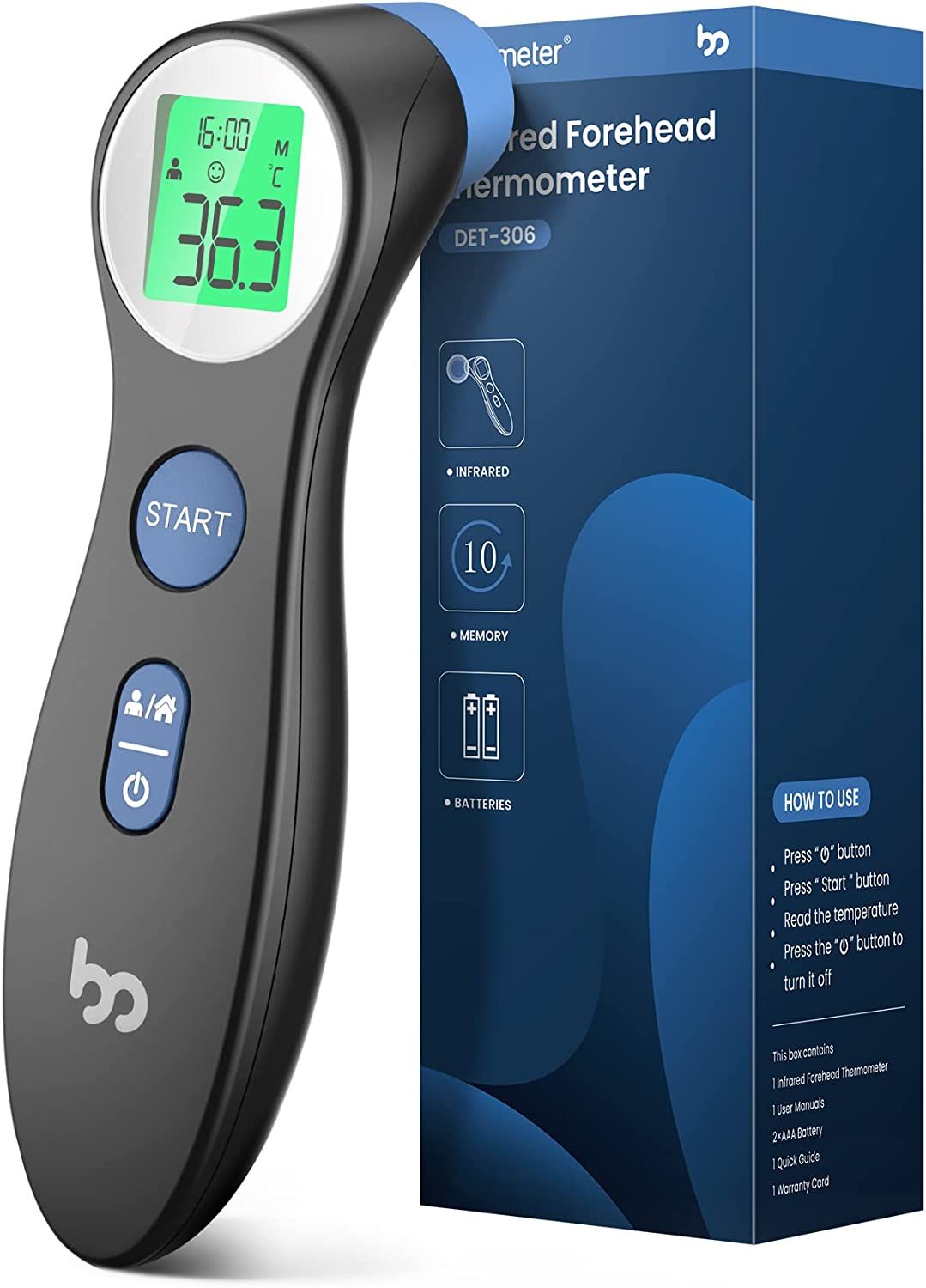 Schwarzes Infrarot-Stirnthermometer mit blauem Akzent. LCD-Display mit Temperaturanzeige. Verpackung mit Produktinformationen.