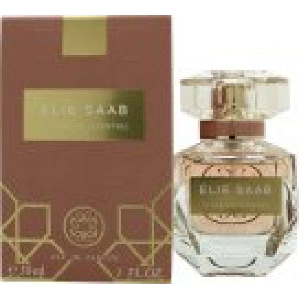 Parfümflakon und Verpackung. Aufschrift: Elie Saab Le Parfum Essentiel. Rosa Flüssigkeit im Flakon.