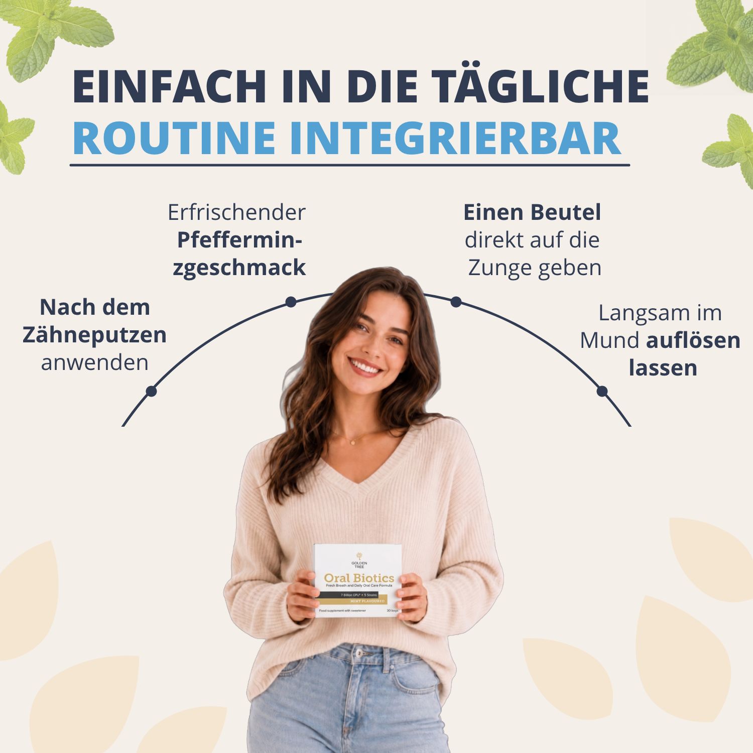 Frau integriert Golden Tree Oral Biotics in ihre tägliche Routine.