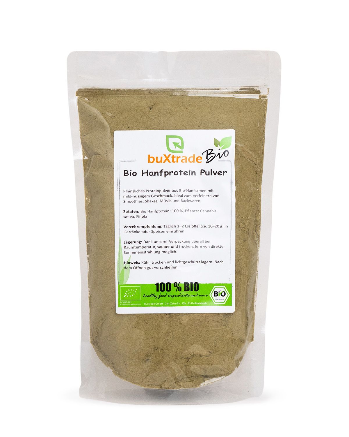 Verpackung von buxtrade Bio Hanfprotein Pulver mit Nährwertangaben und Bio-Siegel.