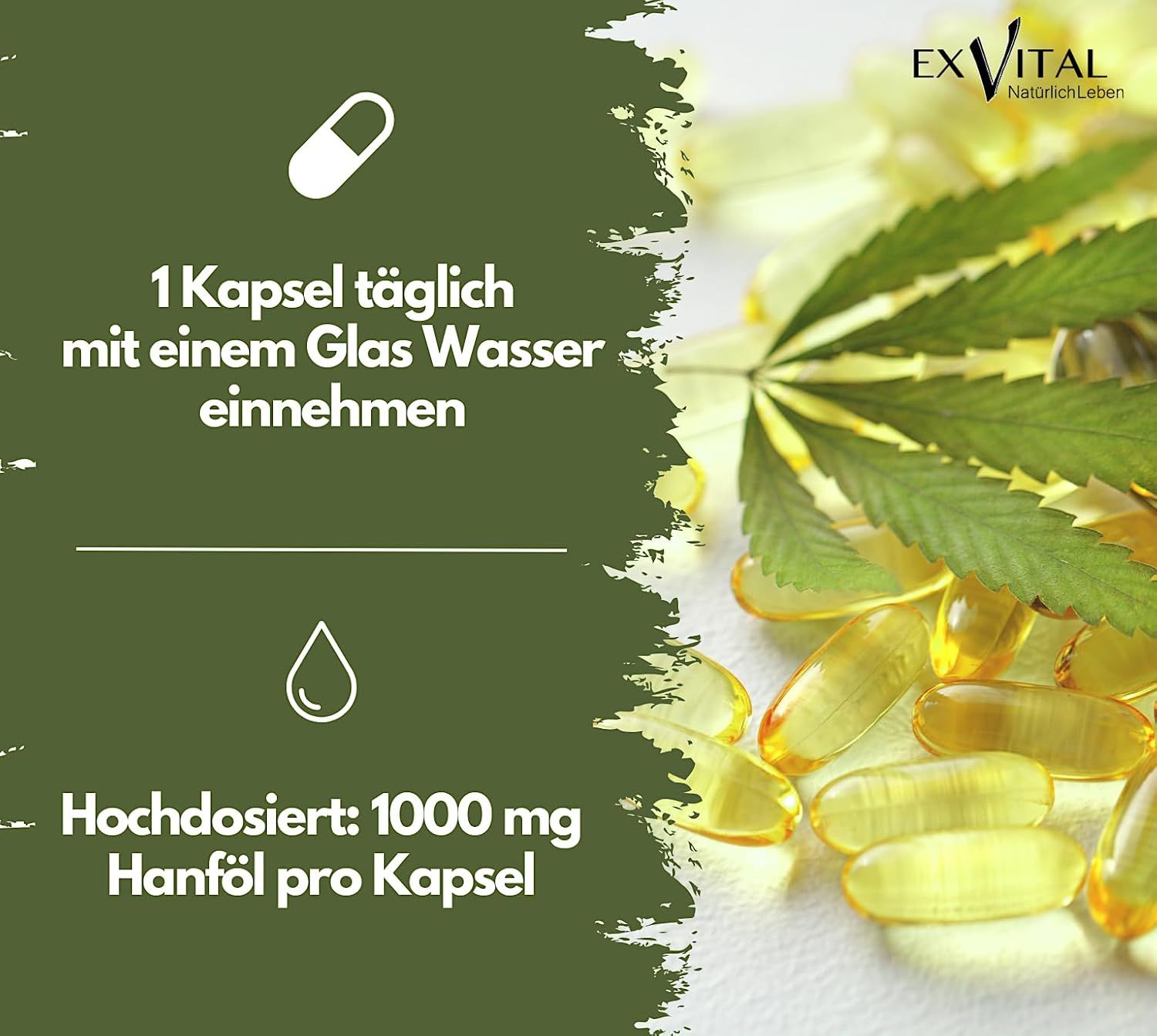 Kapsel-Symbol, Hanfblatt, gelbe Kapseln. Text: 1 Kapsel täglich mit Wasser einnehmen. Hochdosiert: 1000 mg Hanföl.