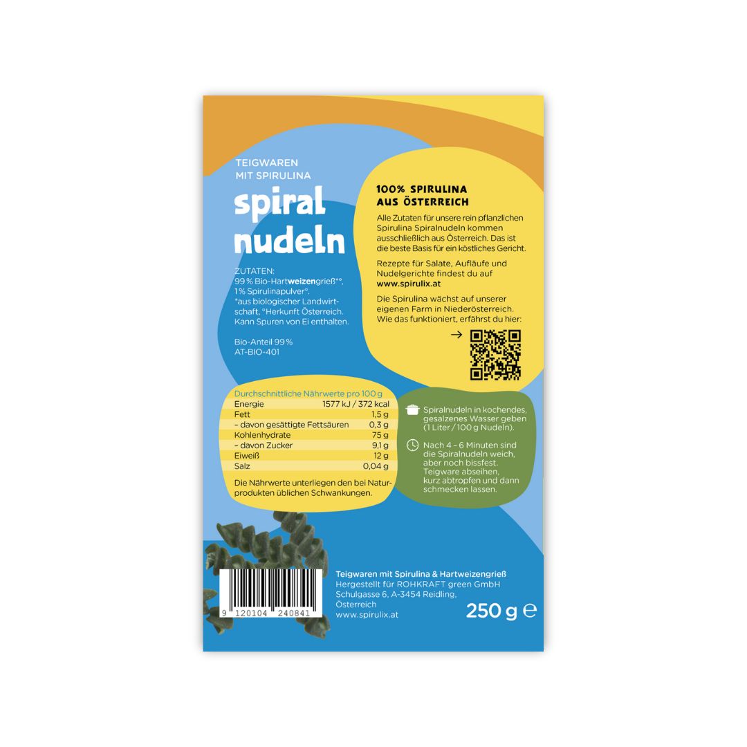 Rückseite der Spirulix-Verpackung. Enthält Nährwertangaben und Informationen zu Zutaten. 250g. QR-Code und Barcode.