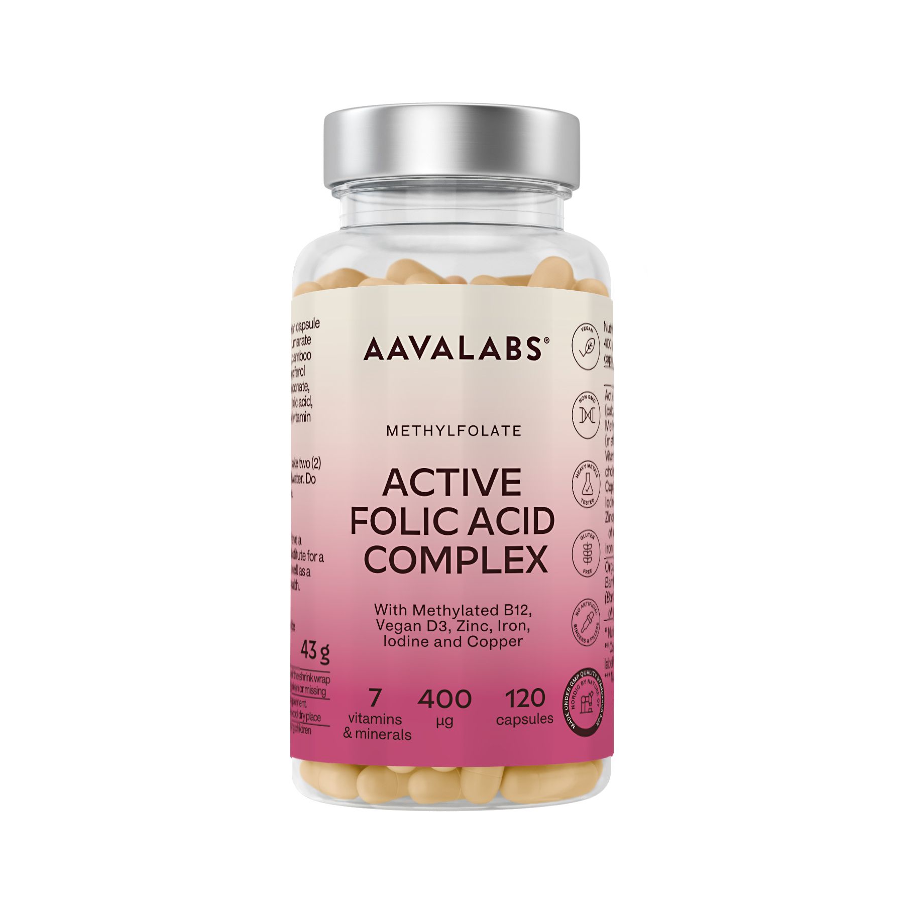Aavalabs Active Folic Acid Complex. Flasche mit Kapseln. Enthält 120 Kapseln. Aufschrift: 400 μg Folsäure.