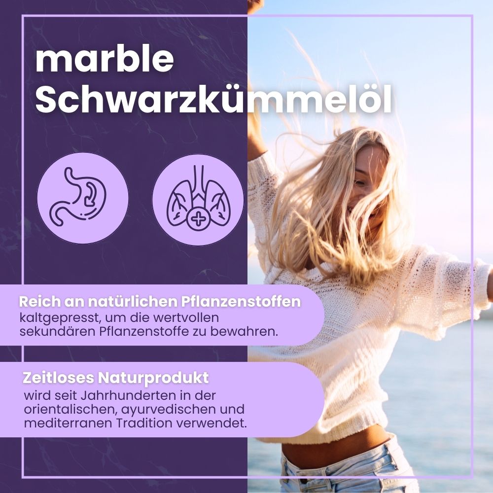 Frau mit Softgels. Text: marble Schwarzkümmelöl. Reich an Pflanzenstoffen. Zeitloses Naturprodukt. Symbole: Magen, Lunge. Lila Hintergrund.