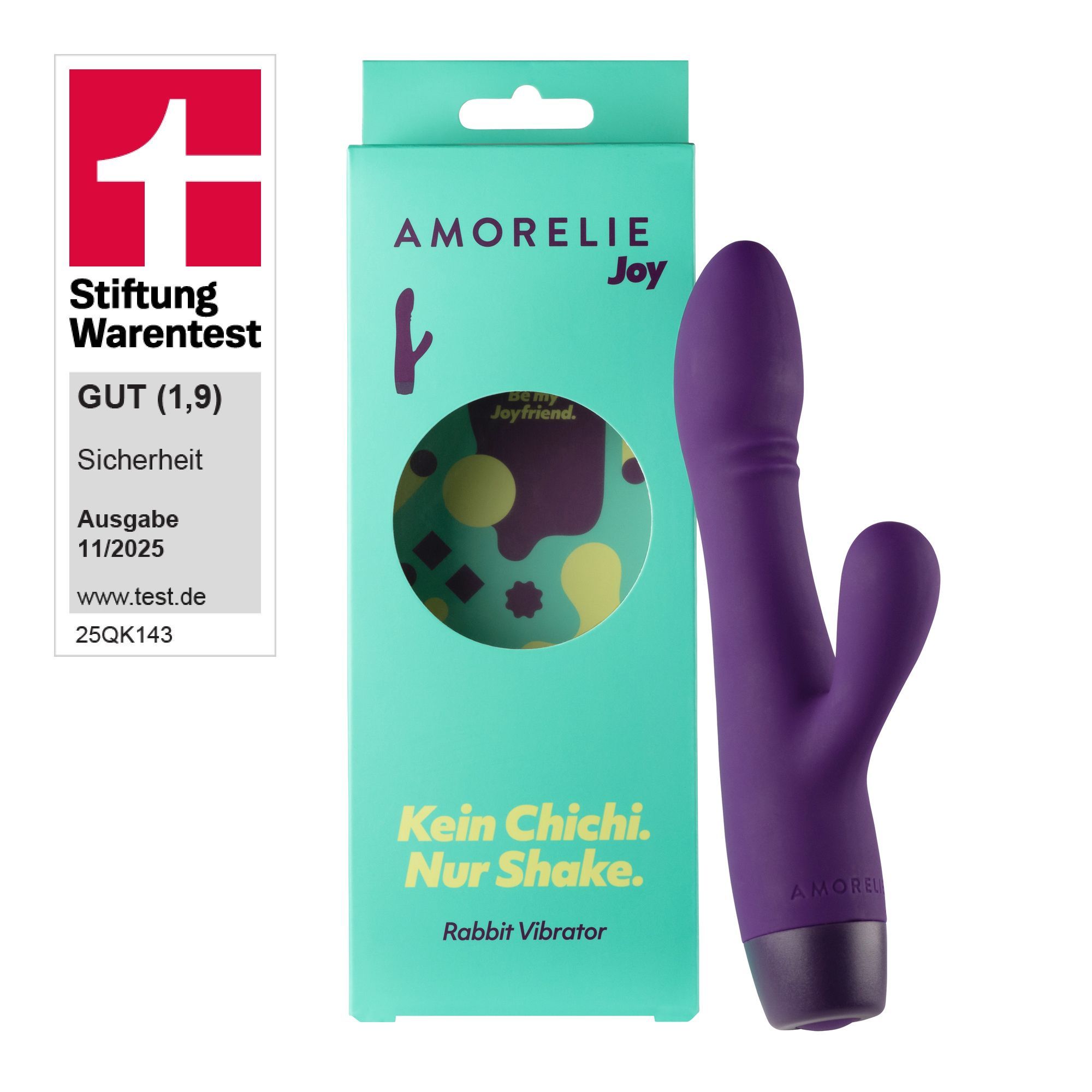Lila Rabbit Vibrator mit Verpackung. Verpackung mit AMORELIE Joy Logo und Text. Stiftung Warentest Siegel.