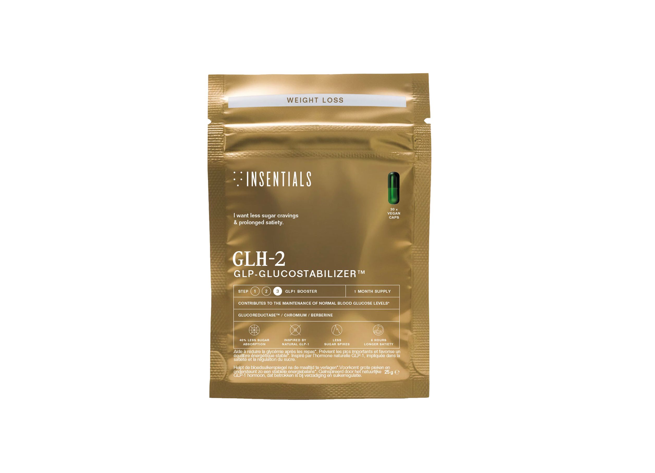 Goldfarbene Standbodenbeutelverpackung mit der Aufschrift 'Insentials GLH-2'. Eine grüne Kapsel ist sichtbar.