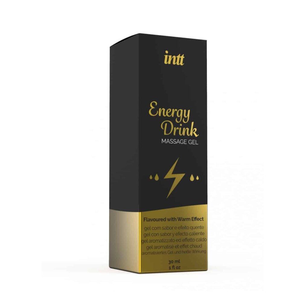 Schwarze rechteckige Verpackung mit goldener Schrift. Aufschrift: intt Energy Drink Massage Gel. 30 ml.