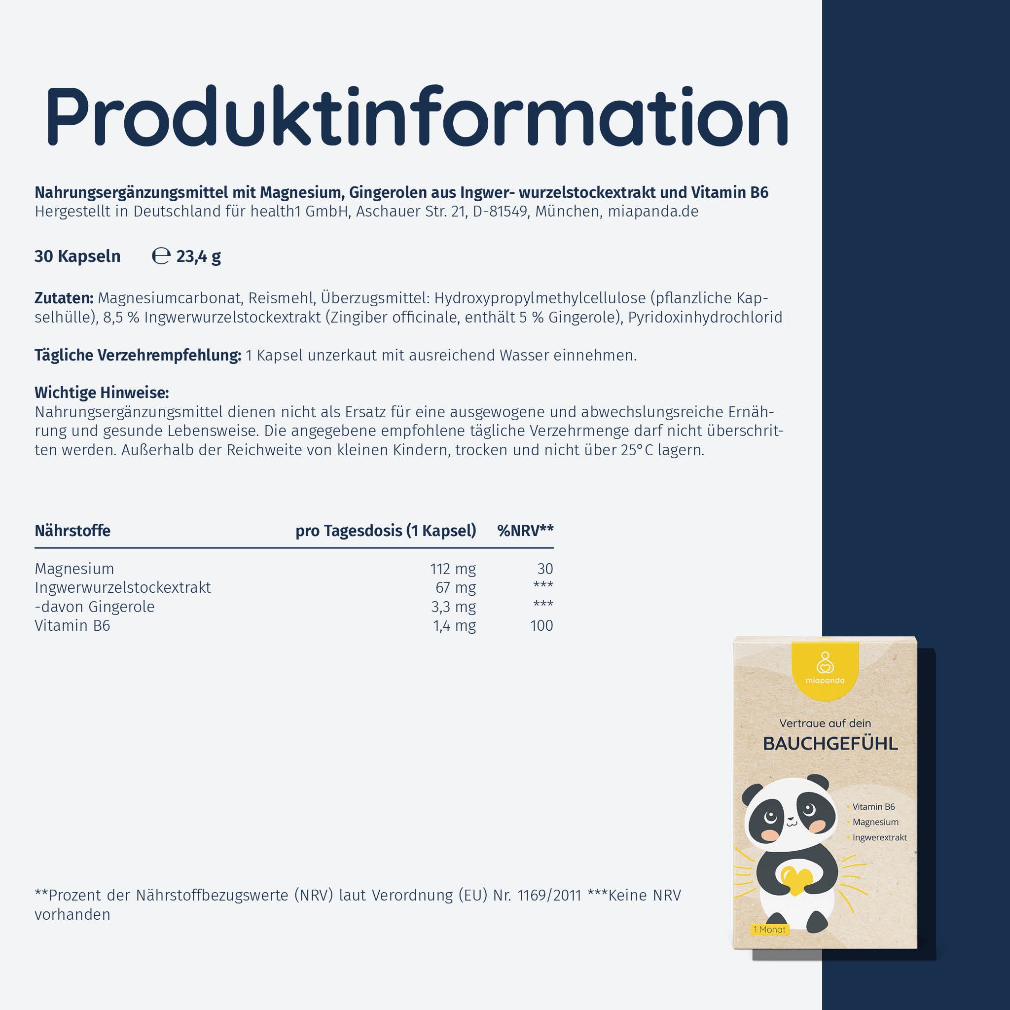 Produktinformationen: Nahrungsergänzungsmittel mit Magnesium, Ingwer, Vitamin B6. Inhaltsstoffe, Verzehrempfehlung, Nährwerttabelle, Produktabbildung.