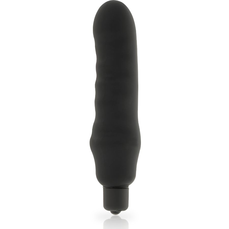 Schwarzer Silikon-Vibrator. Zylindrische Form mit abgerundeter Spitze und Basis. Glatte Oberfläche.