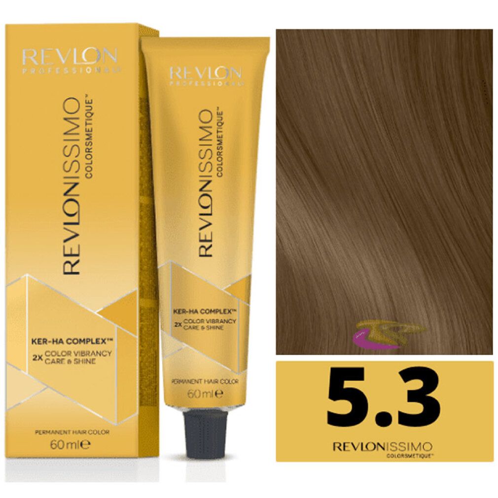 Revlon Revlonissimo Colorsmetique 5,3. Tube und Verpackung. Haarsträhne mit Farbton 5,3.
