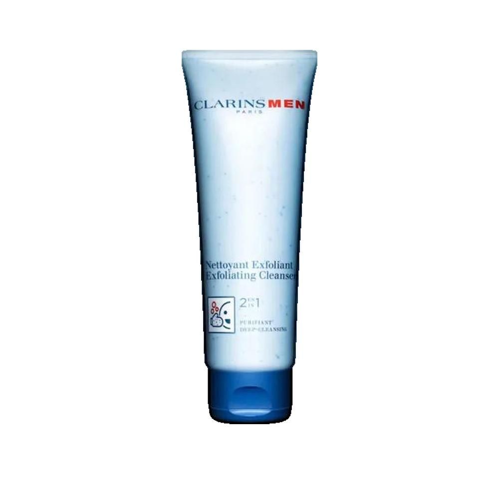 Blau-weiße Tube mit roter und blauer Schrift. "CLARINS MEN" und "Nettoyant Exfoliant Exfoliating Cleanser" sind sichtbar.