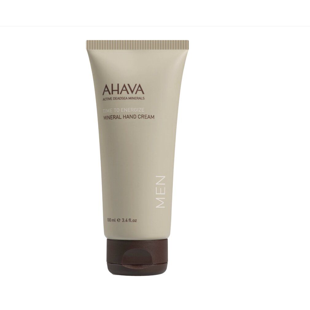 Beigefarbene Tube AHAVA TIME TO ENERGIZE Mineral Hand Cream für Männer. Schwarzer Verschluss, Schriftzug und Logo.