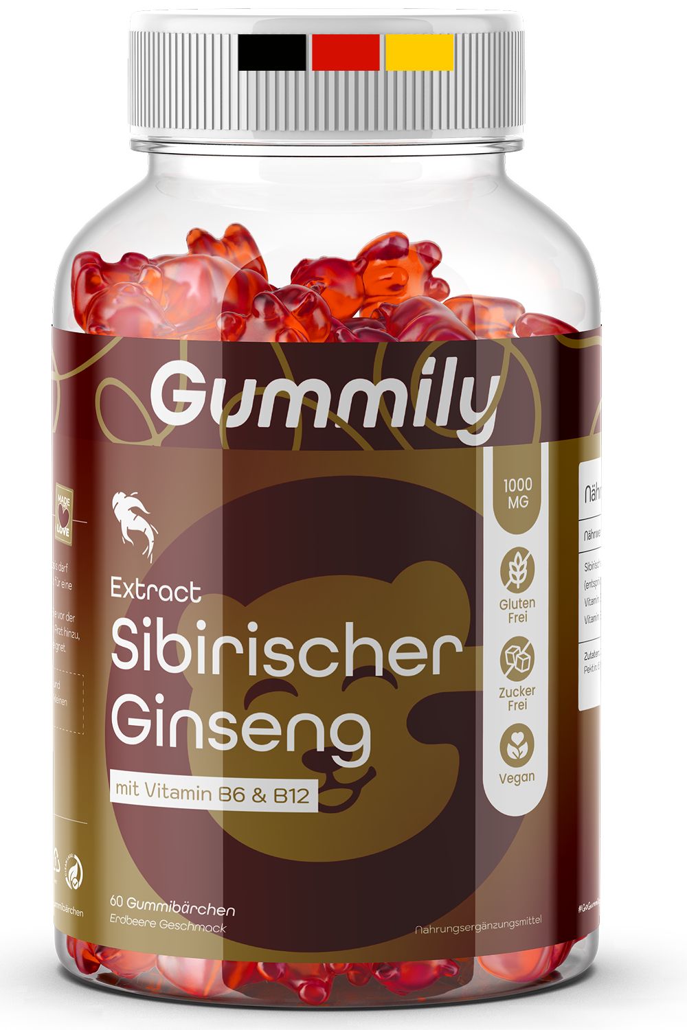 Gummily Sibirischer Ginseng Extrakt 1000 mg Flasche mit 60 Gummibärchen, Erdbeergeschmack.