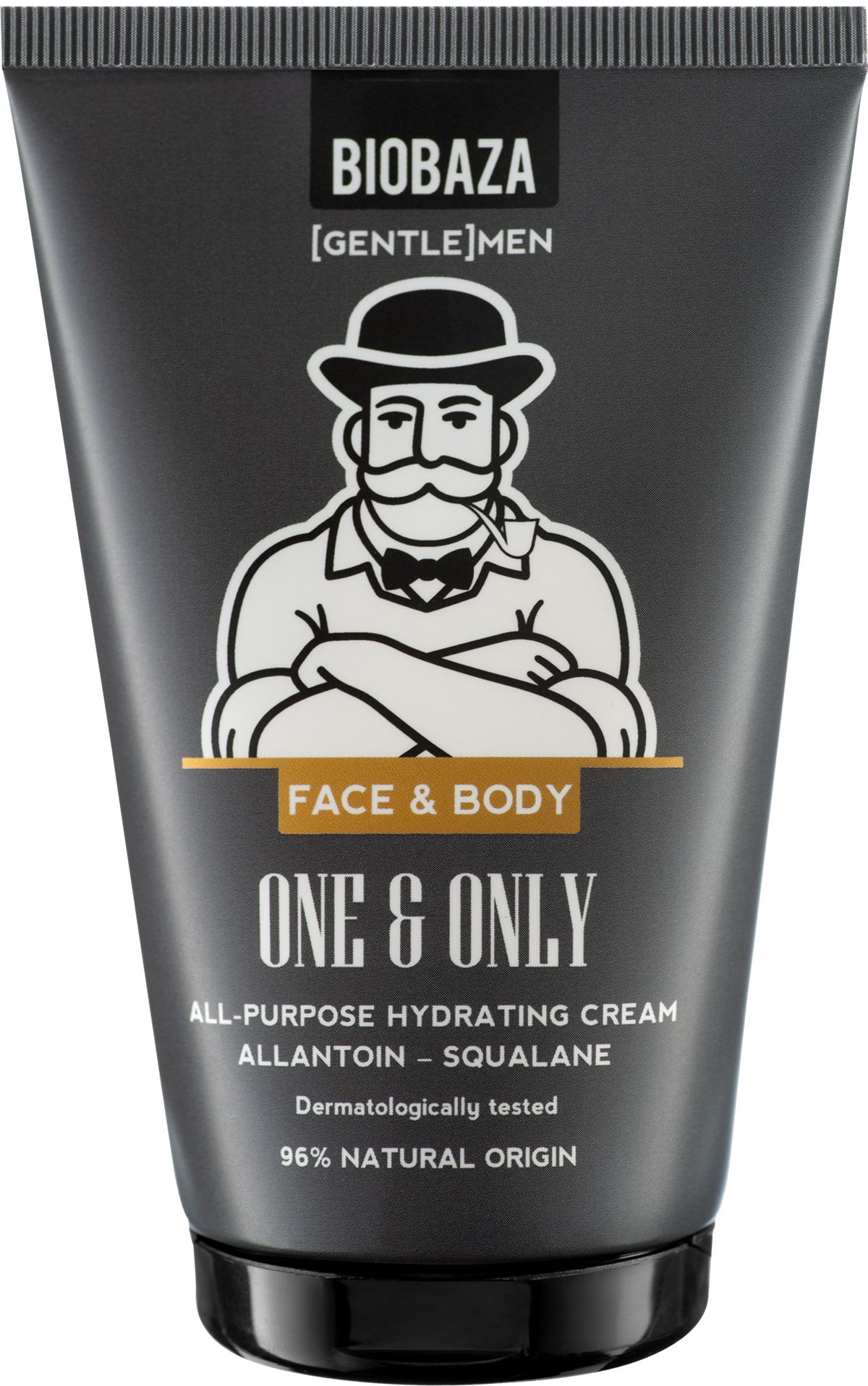 Dunkelgraue Tube mit Aufdruck. Enthält Text: BIOBAZA, FACE & BODY, ONE & ONLY, ALL-PURPOSE HYDRATING CREAM. 96% NATURAL ORIGIN.