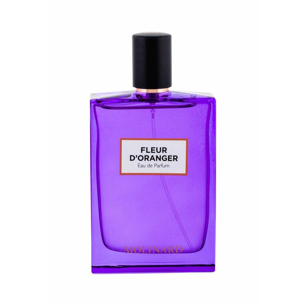 Violettfarbener Flakon mit schwarzem Verschluss. Aufkleber mit "FLEUR D'ORANGER Eau de Parfum". Unten "MOLINARD".