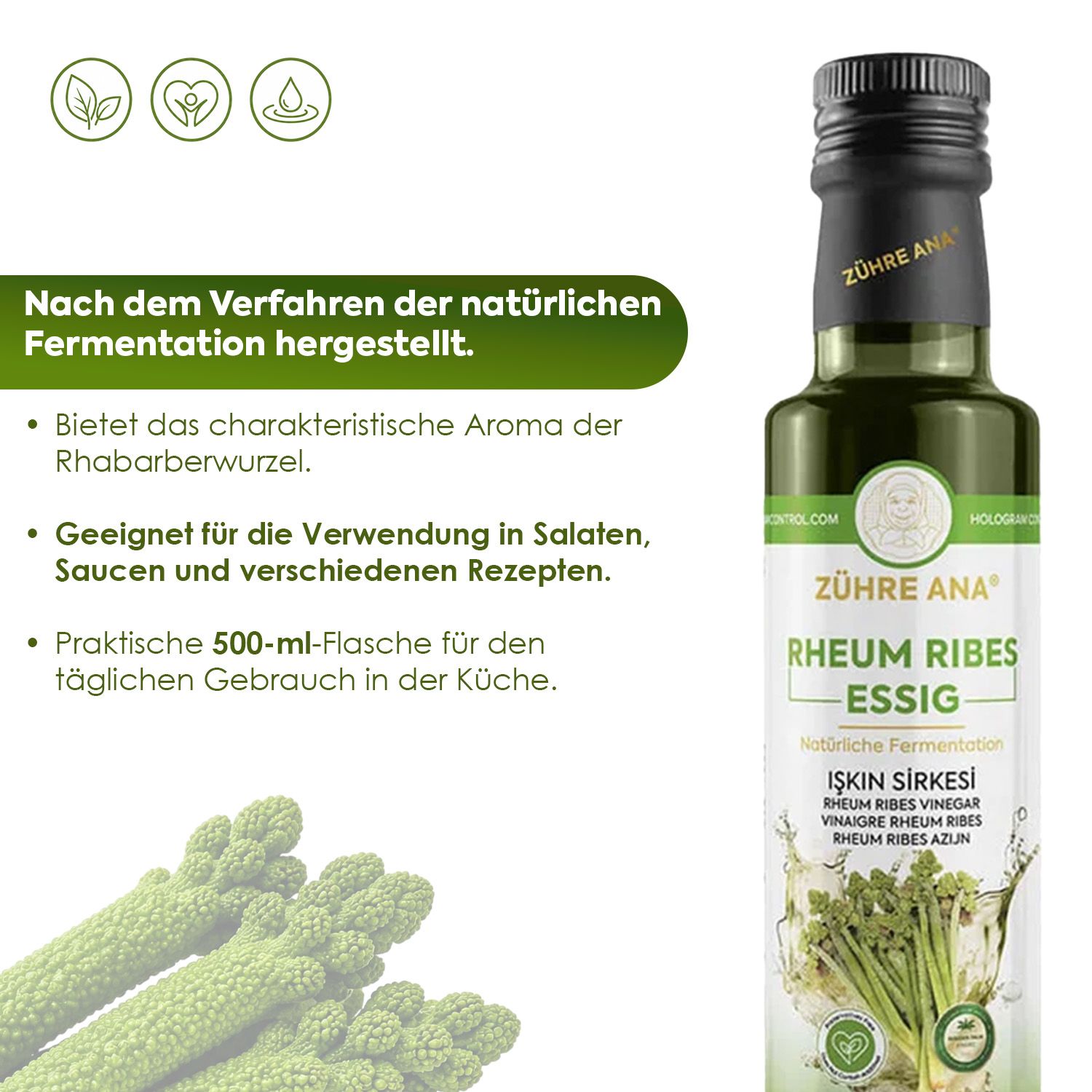 Flasche Zühre Ana Rheum Ribes Essig, 500 ml, mit Rhabarberwurzel-Aroma.