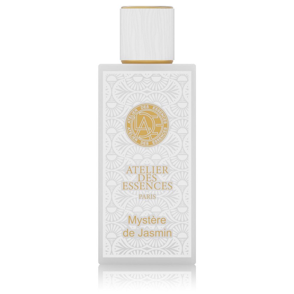 Weißes Parfumflakon mit goldfarbenem Deckel. Aufschrift: Mystère de Jasmin. Logo und Schriftzug: Atelier des Essences Paris.