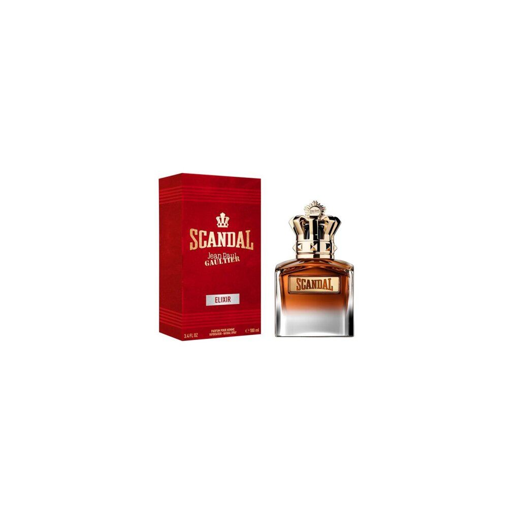 Roter Karton und Parfumflakon. Flakon mit goldener Krone. Aufschrift "SCANDAL ELIXIR".