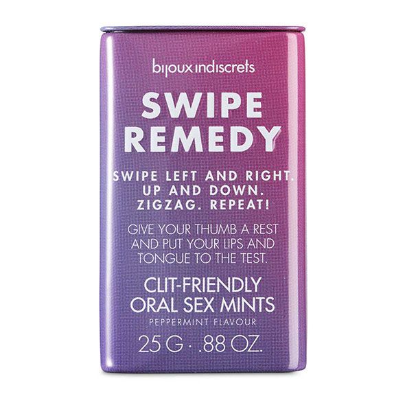 Lila Dose mit "Swipe Remedy"-Aufdruck. Text: "Clit-Friendly Oral Sex Mints". Peppermint Flavour. 25 G .88 OZ.