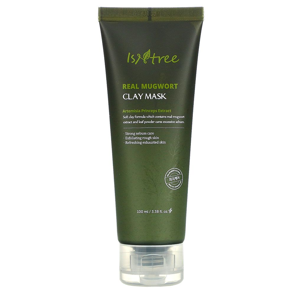 ISNTREE Real Mugwort Clay Mask Tube. Grüne Tube mit weißem Aufdruck und transparentem Deckel.