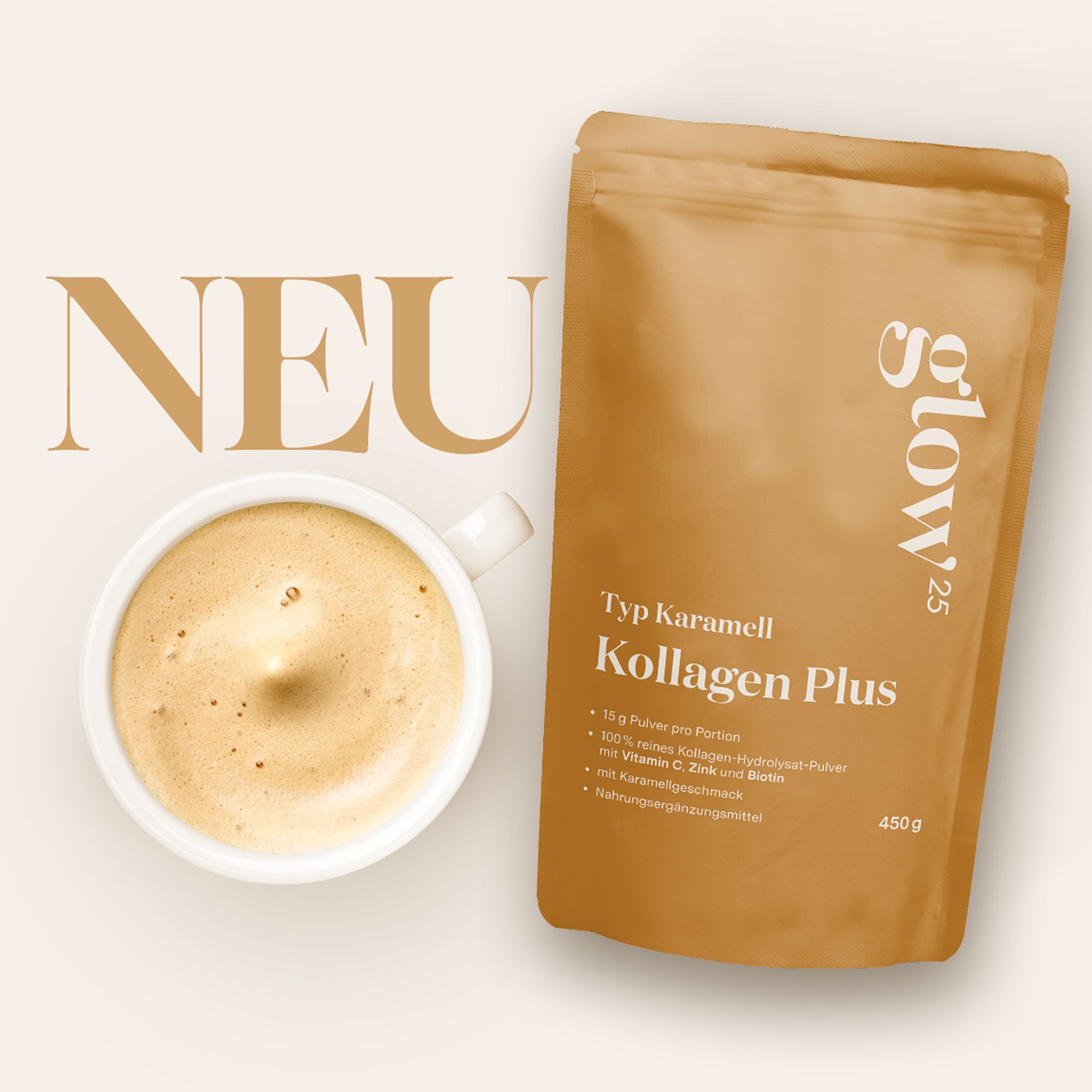 Kaffee mit Glow25® Typ Karamell Kollagen Plus. Beutel und Tasse mit Kaffee, daneben Produktverpackung.
