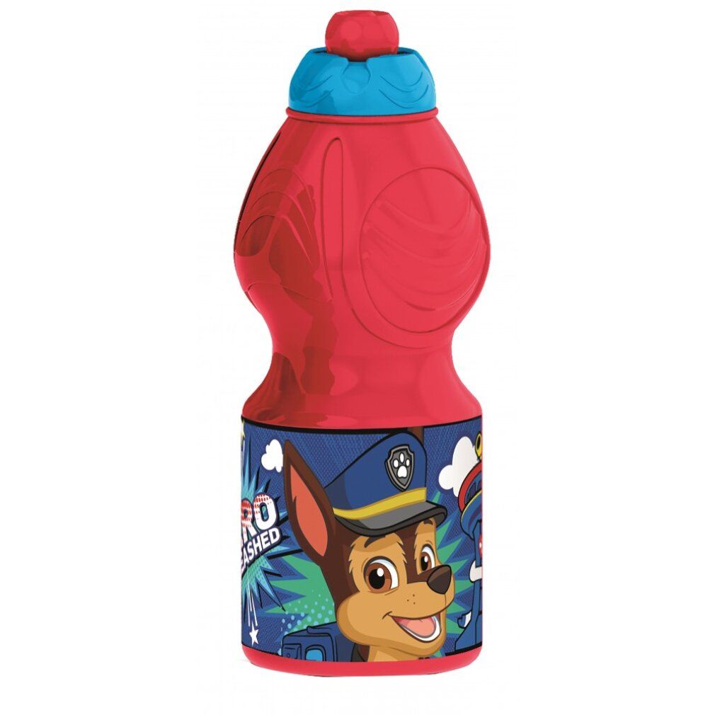 Rote Trinkflasche mit blauem Deckel. Motiv: Paw Patrol Chase. Aufschrift: HERO WASHED. Kunststoff. Sportflasche.