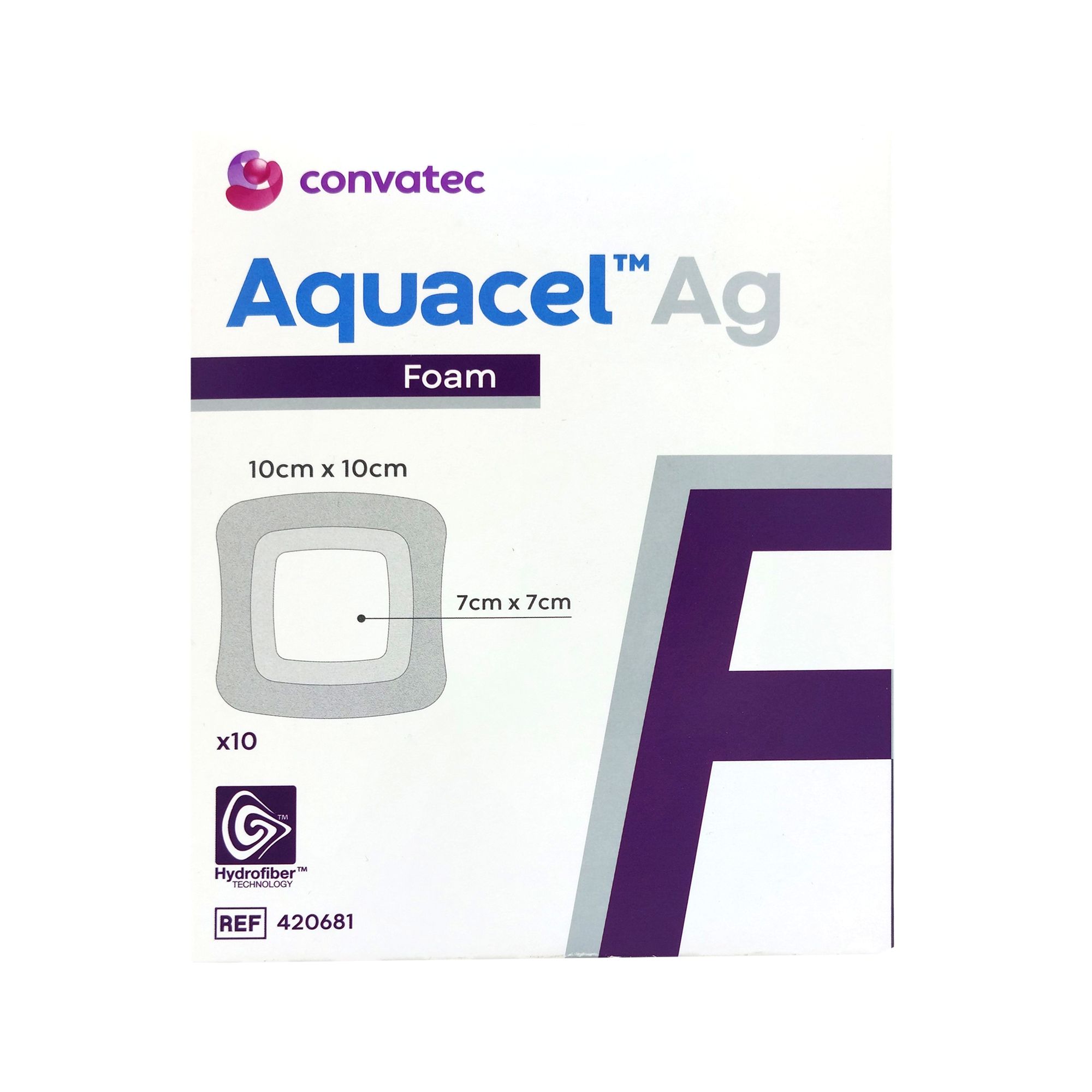 Verpackung mit AQUACEL Ag Foam Wundauflage. Quadratische Form, 10x10 cm. Enthält 10 Stück. Marke Convatec.
