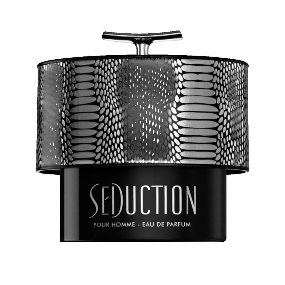 Schwarzer Flakon mit silbernem Deckel und Schlangenmuster. Aufschrift Seduction Pour Homme.