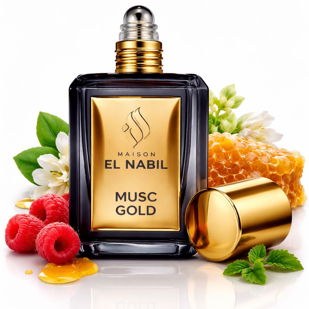 Schwarze Flasche mit goldener Kappe. Goldfarbenes Etikett mit Text: MAISON EL NABIL MUSC GOLD. Umgeben von Himbeeren, Honigwabe und Blüten.