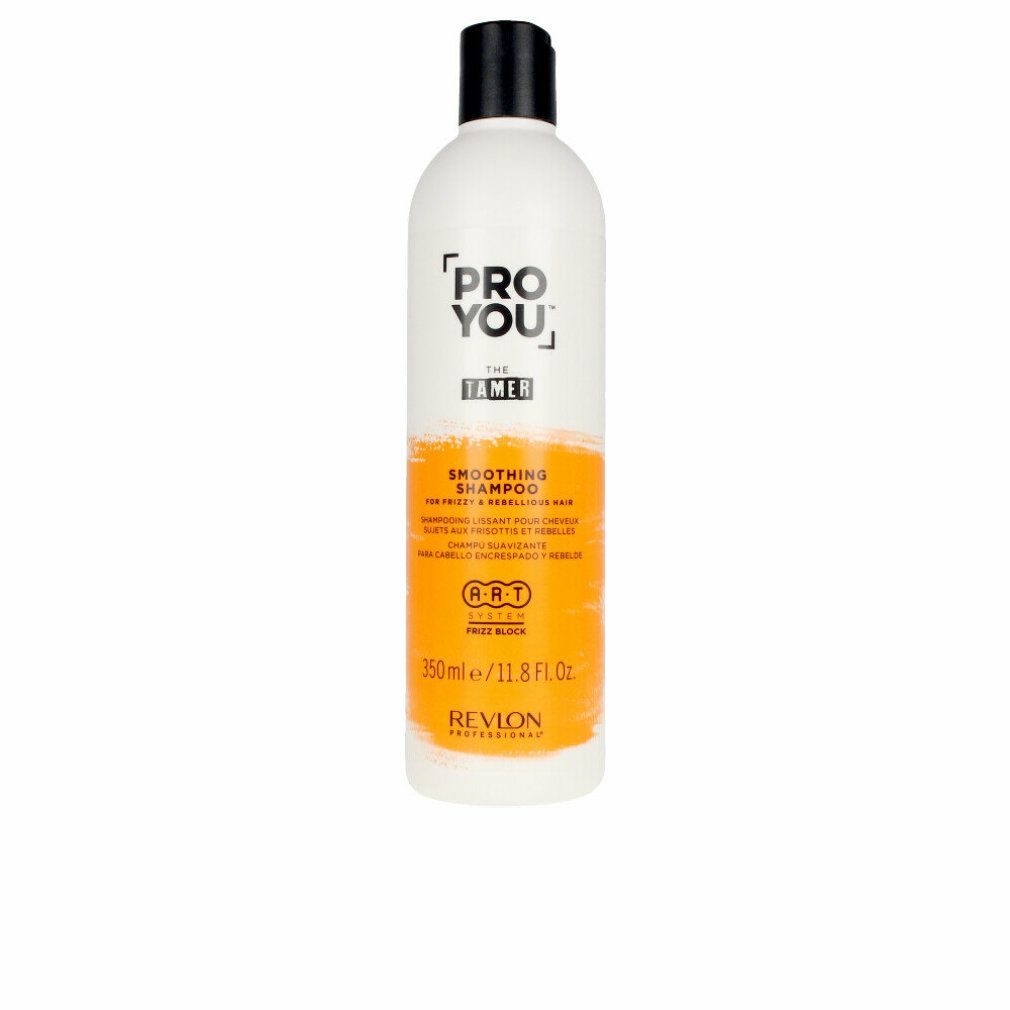 Weiße Flasche mit schwarzem Deckel. Aufschrift: PRO YOU THE TAMER, Smoothing Shampoo. Marke Revlon.