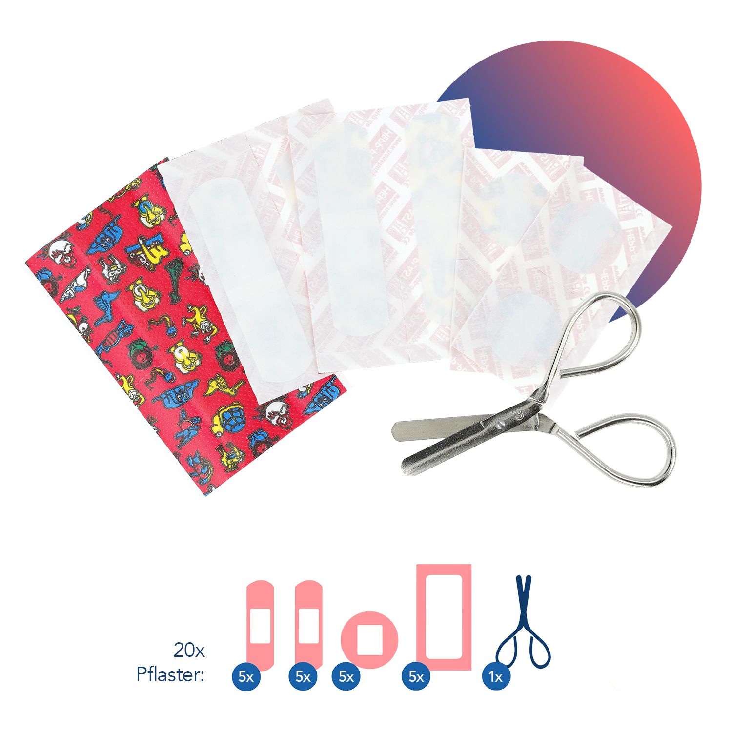 Pflasterset Kinder mit Schere. Enthält verschiedene Pflasterformen und eine Schere. Rote Tasche mit Spielzeugmuster.