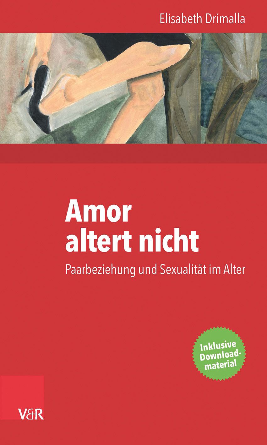 Buchcover mit Titel "Amor altert nicht". Autorin: Elisabeth Drimalla. Roter Hintergrund, Illustration von Beinen, grüner Aufkleber mit Download-Material.
