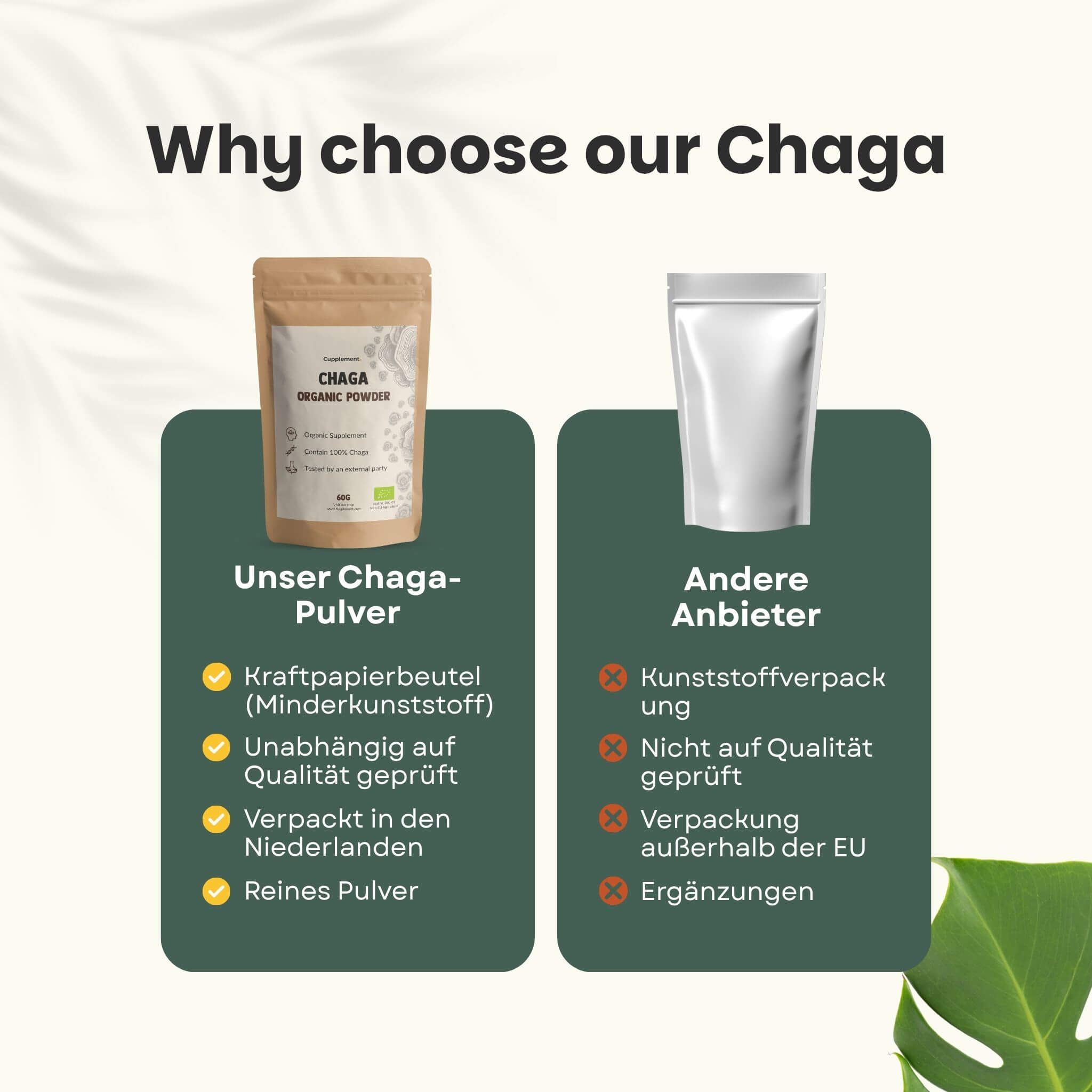Beutel mit Chaga Organic Powder. Text: 100% natürlicher Chaga, 60 Gramm pro Beutel. Mit EU-Bio-Logo.