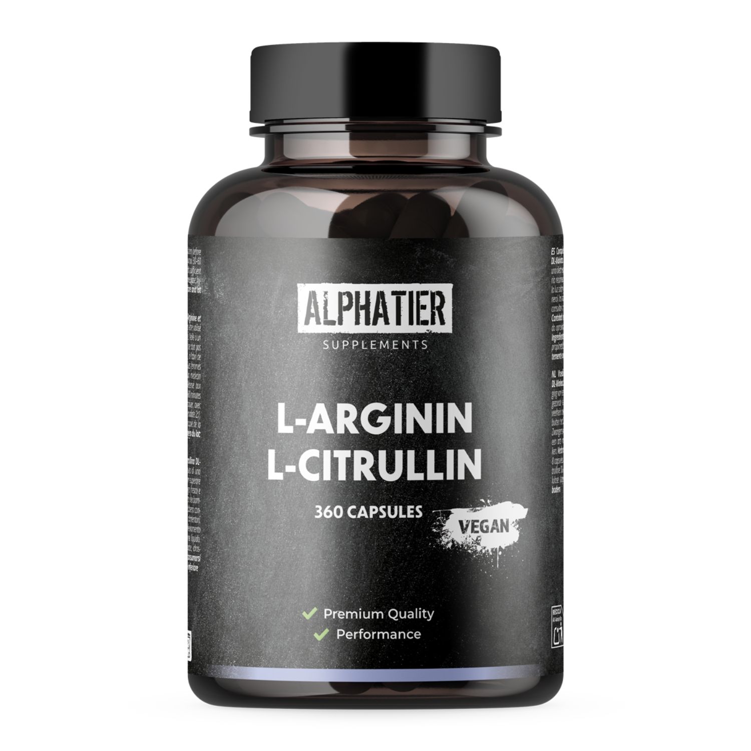 Schwarze Flasche mit Kapseln. Aufschrift: L-Arginin L-Citrullin, 360 Kapseln, Vegan. Logos: Premium Quality, Performance.
