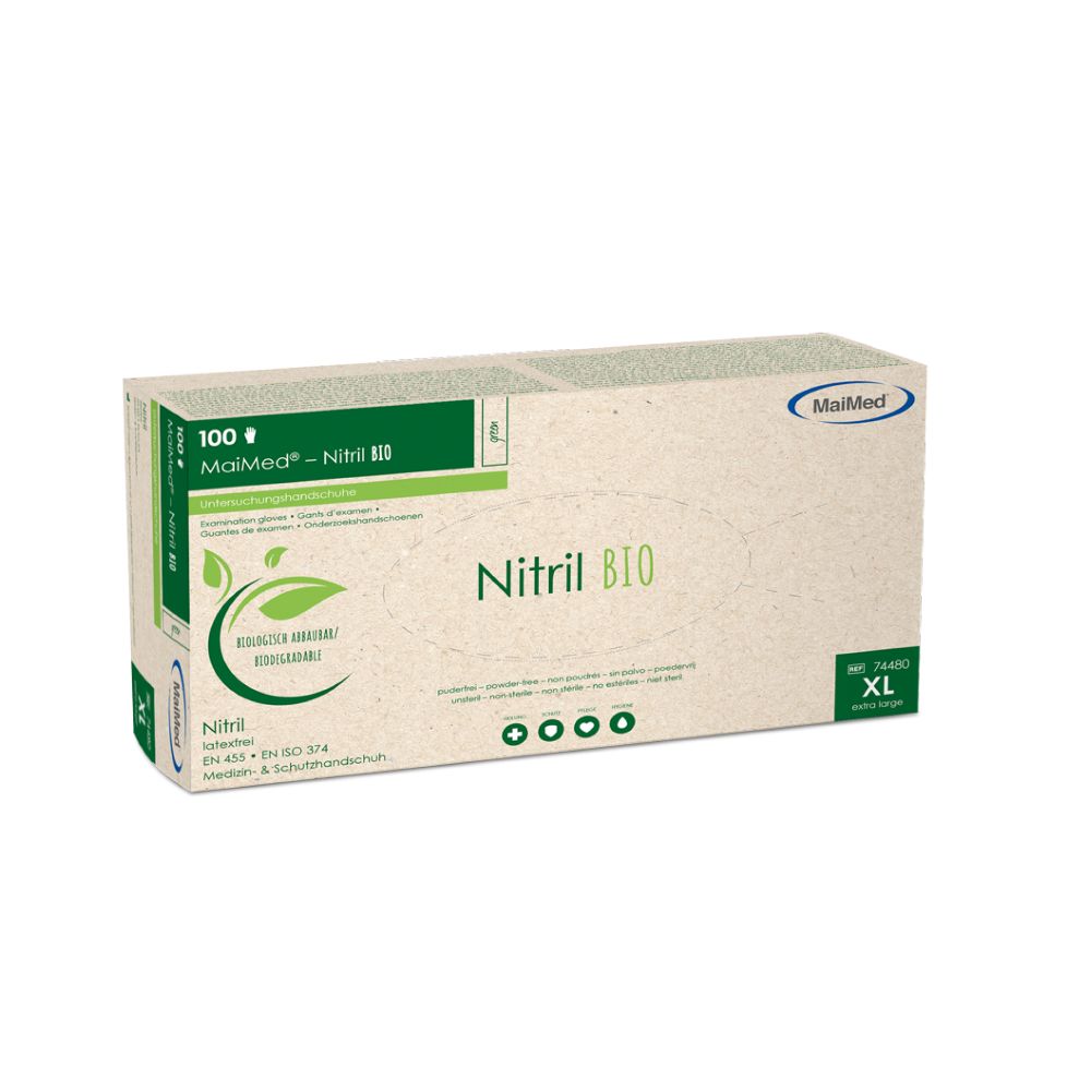 Karton mit MaiMed Nitril BIO Handschuhen. Aufdrucke: Nitril BIO, 100 Stück, XL, MaiMed Logo, EN 455, EN ISO 374.