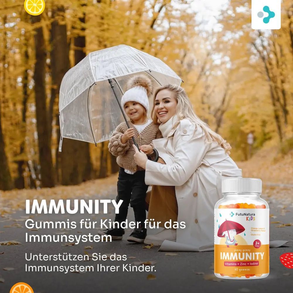 Mutter und Kind unter Regenschirm, neben Flasche Gummibärchen. Aufschrift: IMMUNITY, Gummis für Kinder. Logo FutuNatura KIDS.