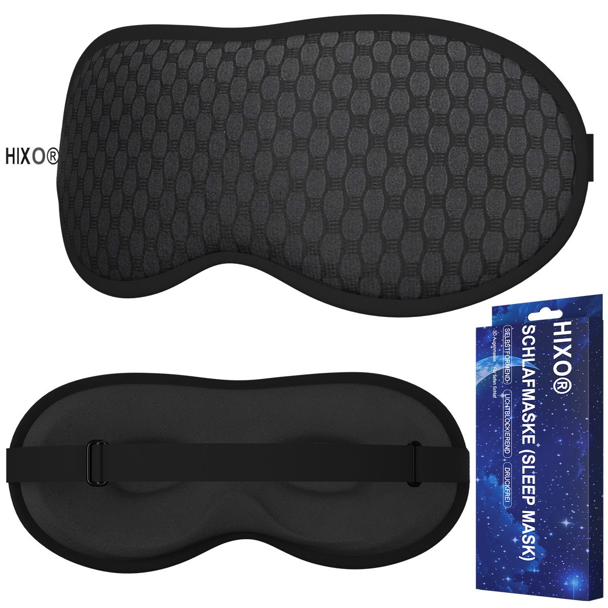 Schlafmaske, schwarz, mit atmungsaktivem 3D-Design. Mit verstellbarem Band. Verpackung mit Produktname und Marke HIXO.