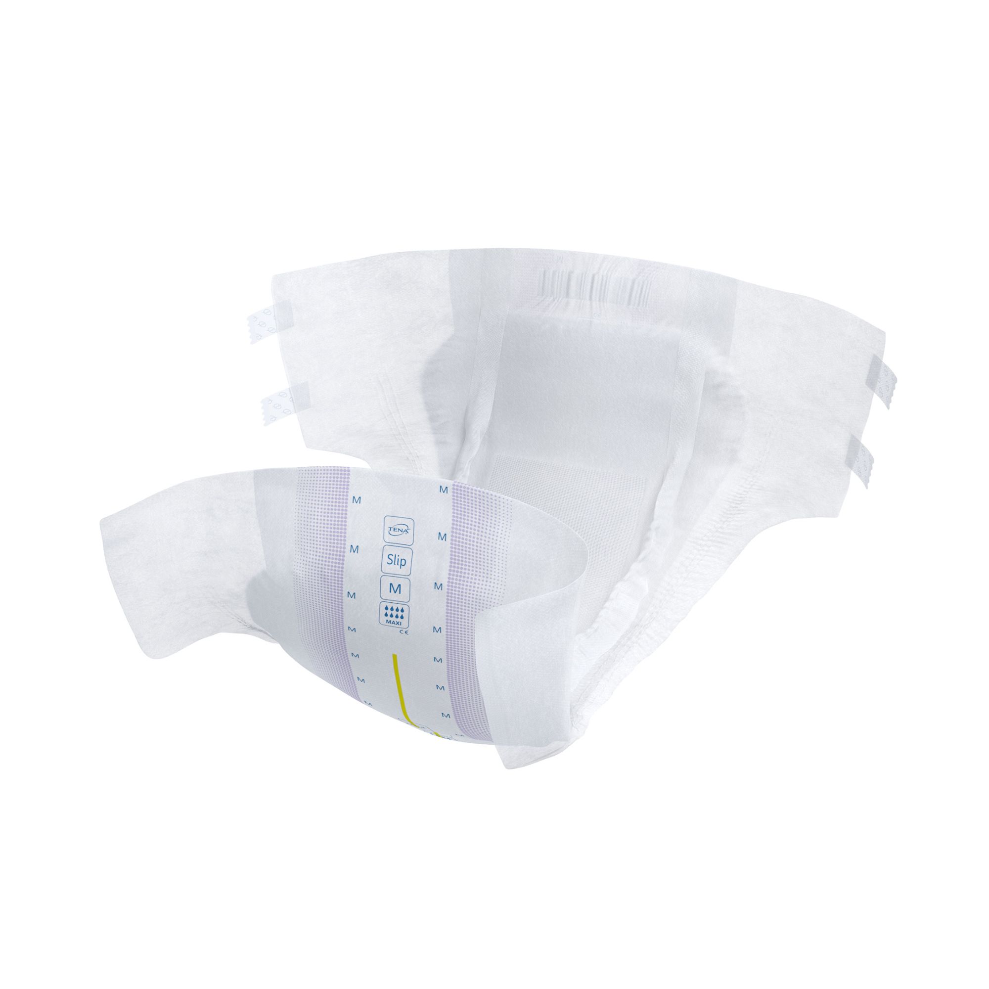 Weißer Inkontinenzslip mit seitlichen Verschlüssen. Innenliegende, absorbierende Schicht. Gelber Streifen und Größenangaben.