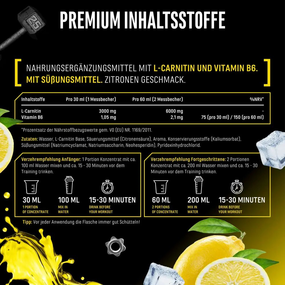 Infografik mit Nährwertangaben. Enthält Text: L-Carnitin und Vitamin B6. Dosierung pro 30 ml und 60 ml. Enthält Zutaten und Verzehrempfehlung.