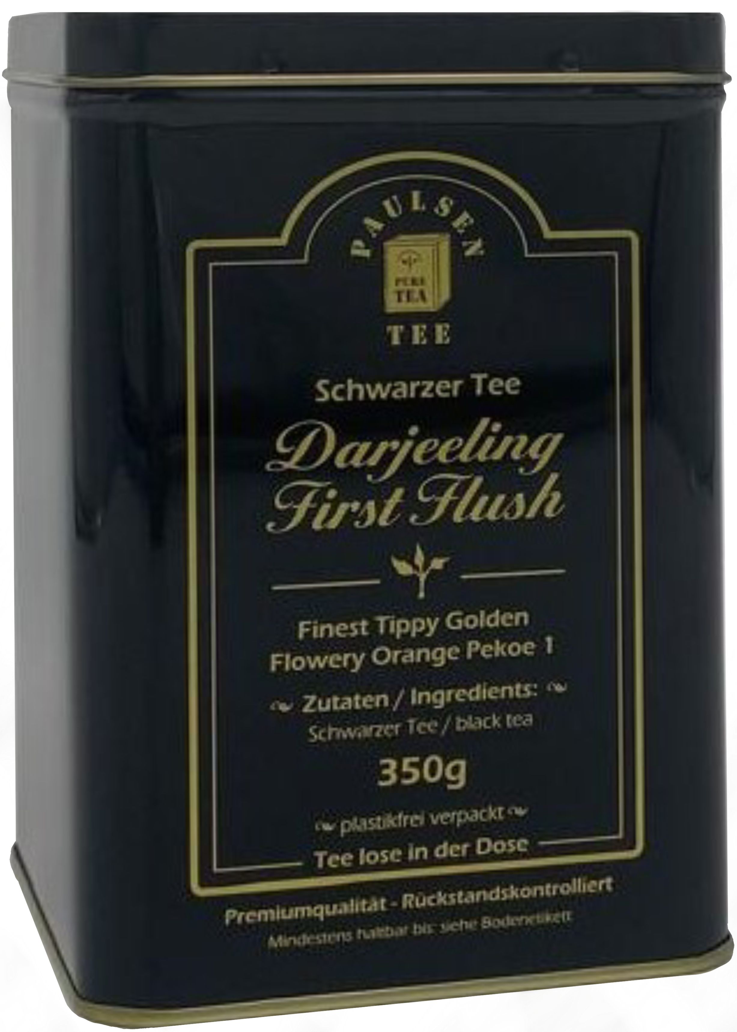 Schwarzer Tee in Dose. Aufschrift: Darjeeling First Flush, 350g. Premiumqualität. Schwarze Dose mit goldfarbenen Schriftzügen.