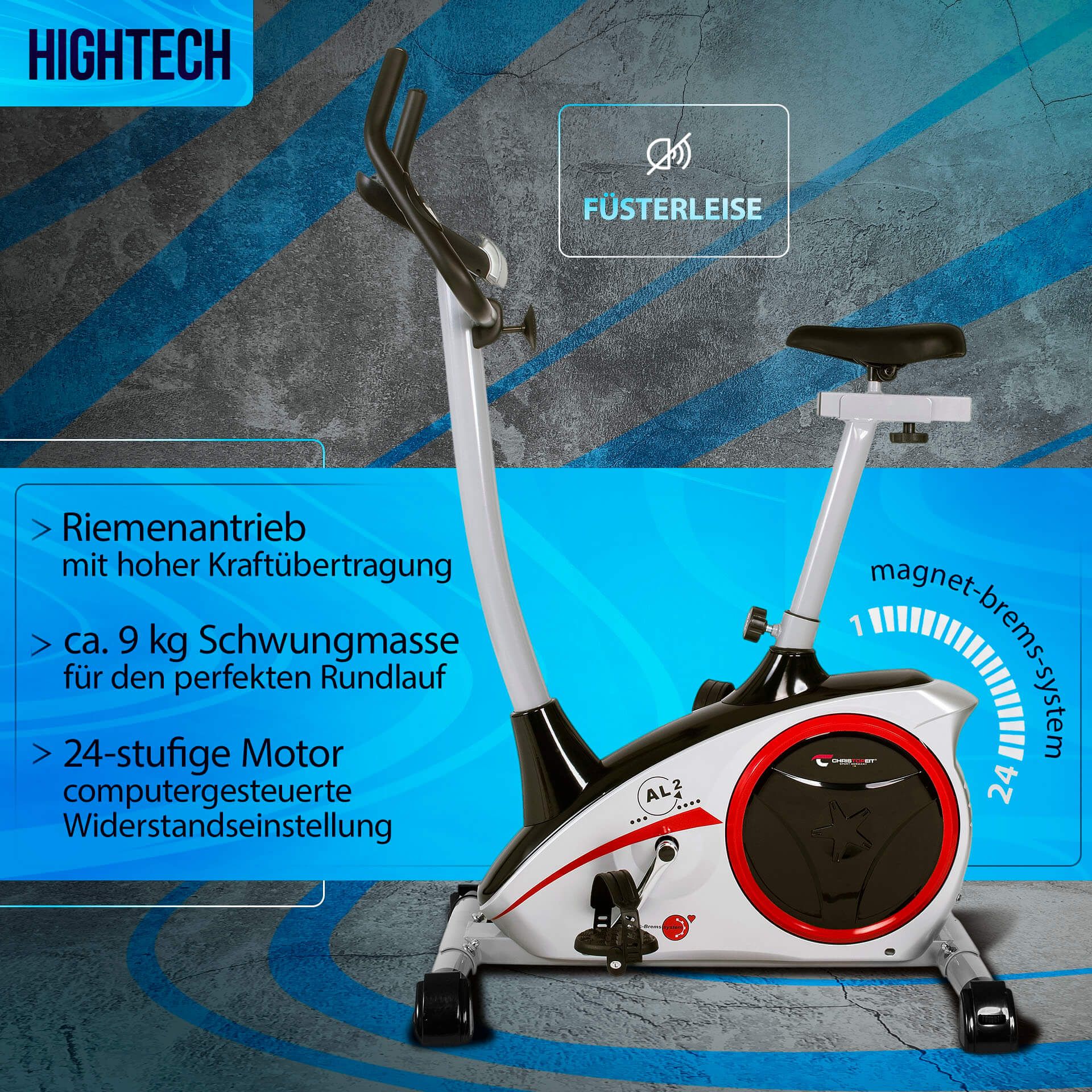 Ergometer AL 2 S DIGITAL, silber. Riemenantrieb, ca. 9 kg Schwungmasse, 24-stufige Widerstandseinstellung. Magnet-Brems-System.
