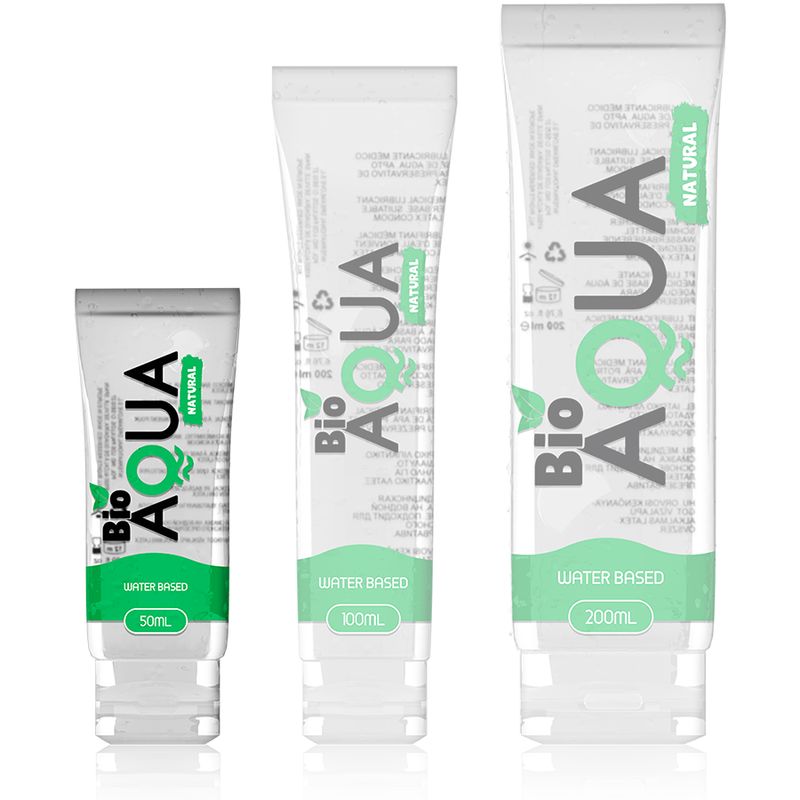 Drei BioAQUA Gleitmittel auf Wasserbasis in Tuben von 50ml, 100ml und 200ml.