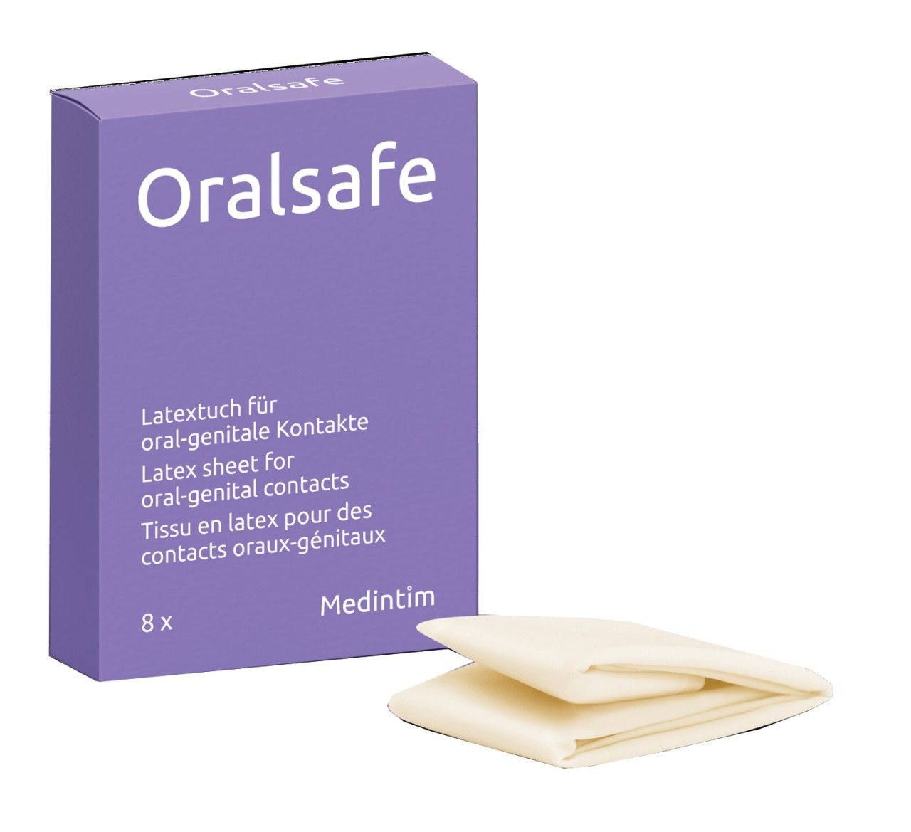 Violette Schachtel mit "Oralsafe"-Schriftzug und Latex-Tüchern. Text: Latex-Tuch für oral-genitale Kontakte. 8 Stück. Marke: Medintim.